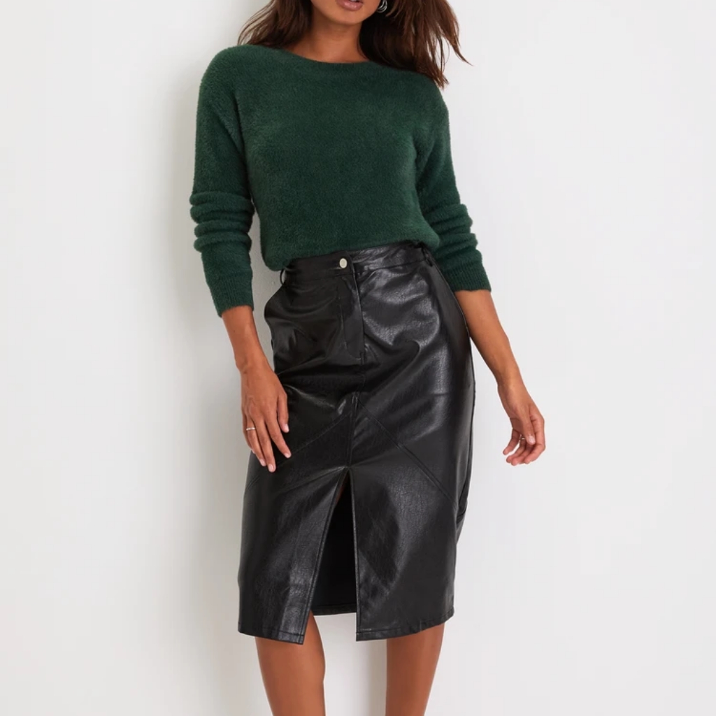 Black Vegan Leather High-Rise Midi Skirt